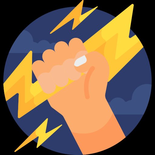 A clenched fist grips a powerful yellow lightning bolt against a stormy dark blue sky, symbolizing strength, energy, and unstoppable force—visually echoing the post's theme of robust, AI-ready infrastructure powering great applications like @NomismaNetwork.
