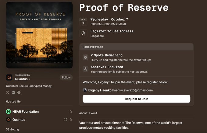 An event page for 'Proof of Reserve - Private Vault Tour & Dinner' presented by Quantus and hosted by NEAR Foundation and Quantus, scheduled for Wednesday October 7, 5:00 PM - 8:00 PM GMT+8 in Singapore, with 2 spots remaining.