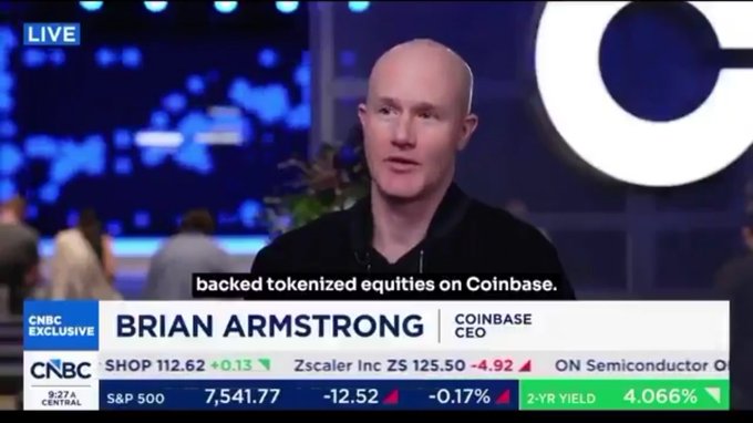 A CNBC live broadcast shows Coinbase CEO Brian Armstrong during an exclusive interview, with the on-screen subtitle reading "backed tokenized equities on Coinbase." The stock ticker displays SHOP at 112.62, Zscaler (ZS) at 125.50, ON Semiconductor, and the S&P 500 at 7,541.77 (-0.17%), visually tying the financial broadcast to Armstrong's claim about expanding U.S. investment access through tokenization.