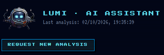 A pixel-art style interface displaying 'LUMI · AI ASSISTANT' with a last analysis timestamp of 02/10/2026, 19:35:39, and a 'REQUEST NEW ANALYSIS' button.