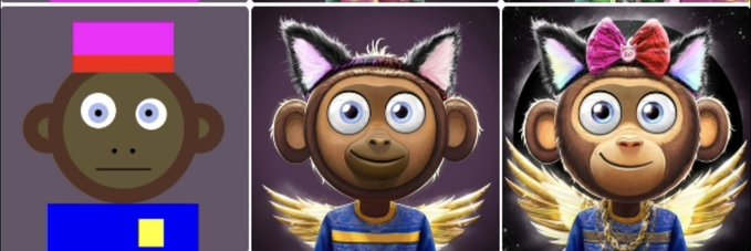 Three-panel image showing the progression of a simple geometric monkey illustration on the left into a detailed, stylized 3D monkey character with cat ears, a bow, and golden wings on the right.