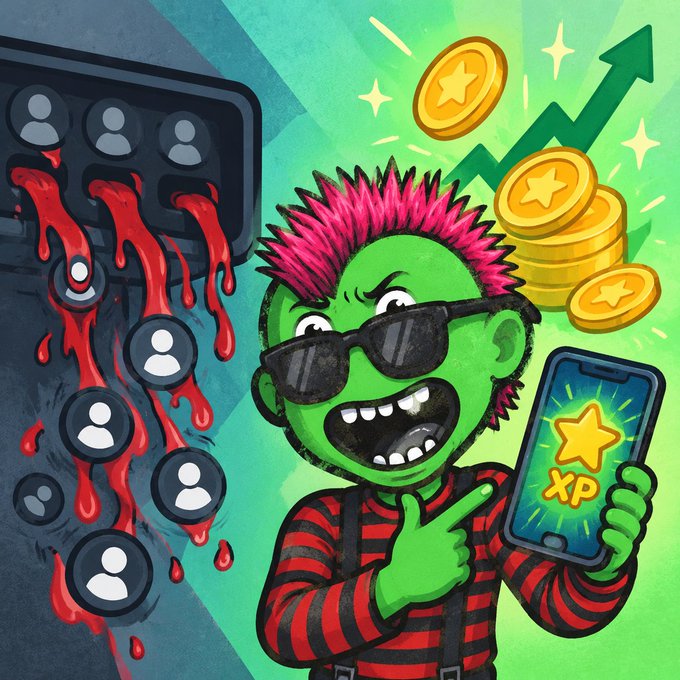 A cartoonish green-skinned character with pink spiky hair, sunglasses, and a red-and-black striped shirt holds a phone displaying a star and 'XP,' with a green upward arrow, gold coins, and a dripping phone screen showing user icons in the background.
