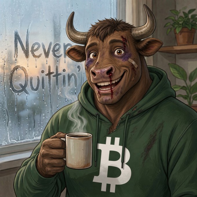 An illustration of a bruised and battered anthropomorphic bull character wearing a green Bitcoin hoodie, holding a steaming mug with 'Never Quittin'' written on a rainy window behind him.