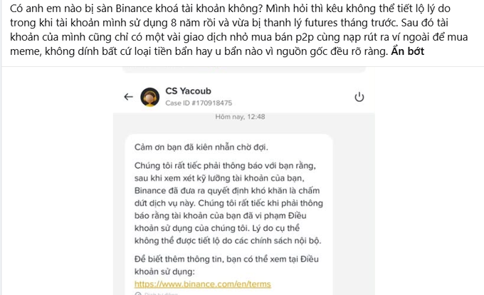 A screenshot of a Vietnamese text asking about Binance account restrictions, accompanied by an official response from 'CS Yacoub' (Case ID #170918475) stating Binance cannot disclose internal policy reasons for the decision, directing to their terms page.