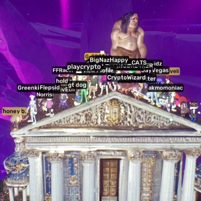 A meme image showing a Greek-style temple topped with various user handles/labels (like 'playcrypto', 'BigNazHappy_CATS', 'CryptoWizard') and cartoon figures, with a muscular caveman-like figure in the purple sky above.