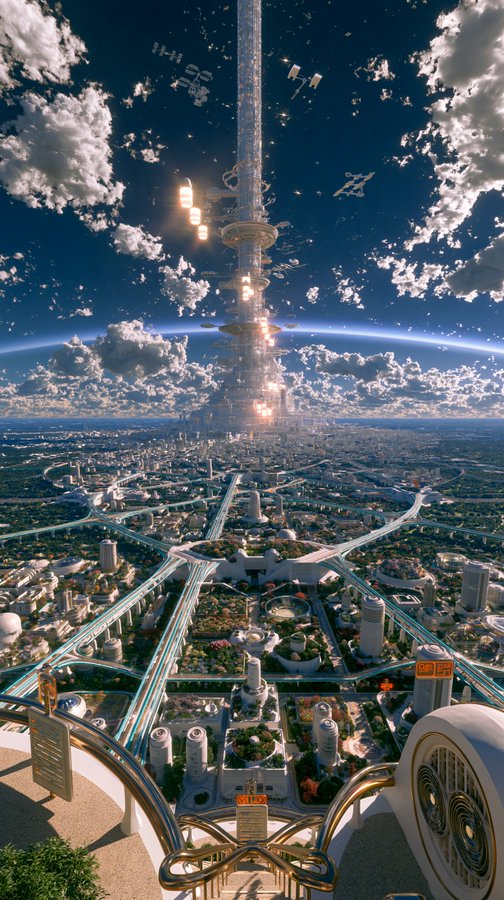 A futuristic cityscape features a towering space elevator extending from a sprawling metropolis into the stratosphere, surrounded by clouds and distant spacecraft. The grand, sci-fi setting complements the post's countdown to a "mimi event," evoking anticipation for the upcoming occasion.