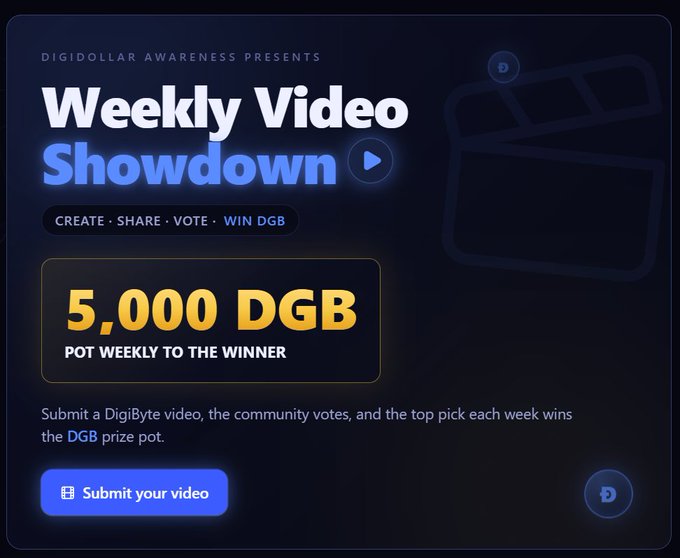 A dark-themed promotional banner for 'DigiDollar Awareness' presenting a 'Weekly Video Showdown' with a 5,000 DGB prize pot, encouraging users to create, share, vote, and win DGB.