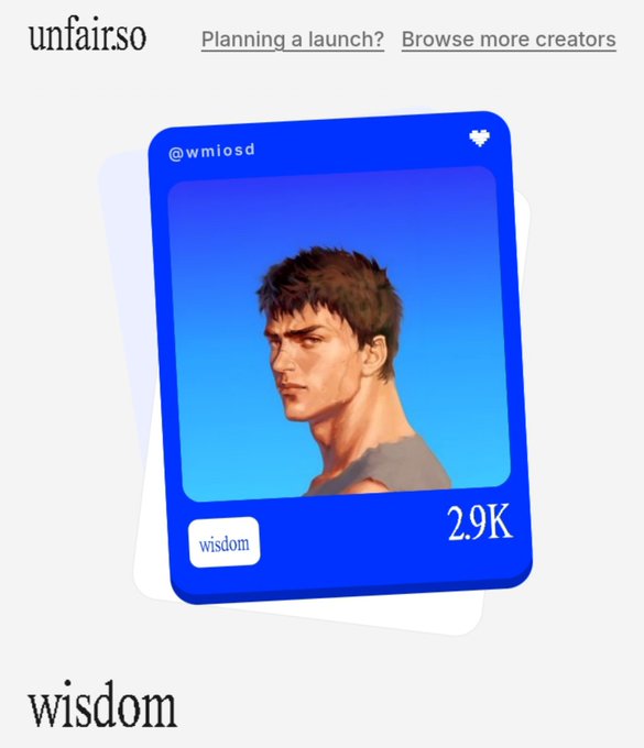 A digital trading card or social media post with a blue border displaying an illustration of a young man with short brown hair, with the username "@wmiosd" and a "wisdom" label and "2.9K" engagement number.