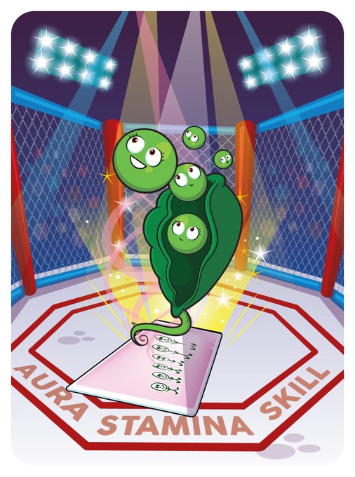 A cartoon illustration of three small green creatures emerging from a glowing pod inside an MMA-style octagon, standing on a notepad labeled with "AURA," "STAMINA," and "SKILL" stats.