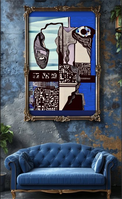 An ornate gold-framed abstract portrait painting hangs on a textured blue wall above a tufted blue velvet sofa.