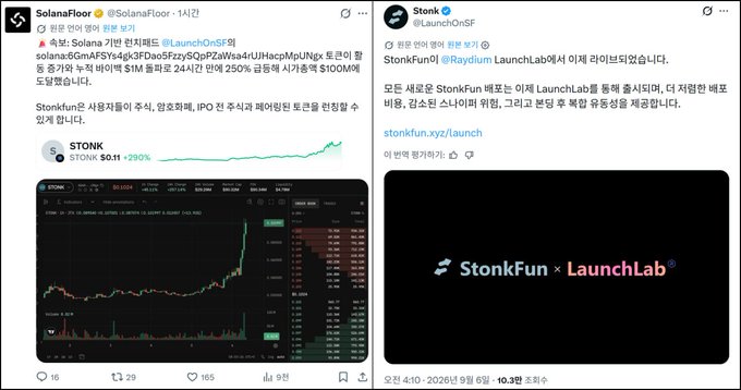 The image shows two side-by-side X (formerly Twitter) posts in Korean related to the meme coin ecosystem on Solana. On the left, SolanaFloor announces via @LaunchOnSF that "StonkKun," a platform allowing users to mint meme coins and stock tokens as pairs, has introduced its Launchpad. The post notes that StonkKun generated 24-hour trading volume of $100M, with Solana-based meme tokens and individual stock tokens (like $SOPSO, $OlaolSSGMAF$YSv4gk3FDao5FzySOqPZaWsa4iUIHacpMpUNgx) showing notable increases. A price chart shows STONK at $0.11, up 299%. On the right, Stonk@LaunchOnSF replies explaining that all new tokens on StonkFun pass through LaunchLab's bonding curve, with fees going to the protocol itself, not individual token creators. This directly relates to the accompanying