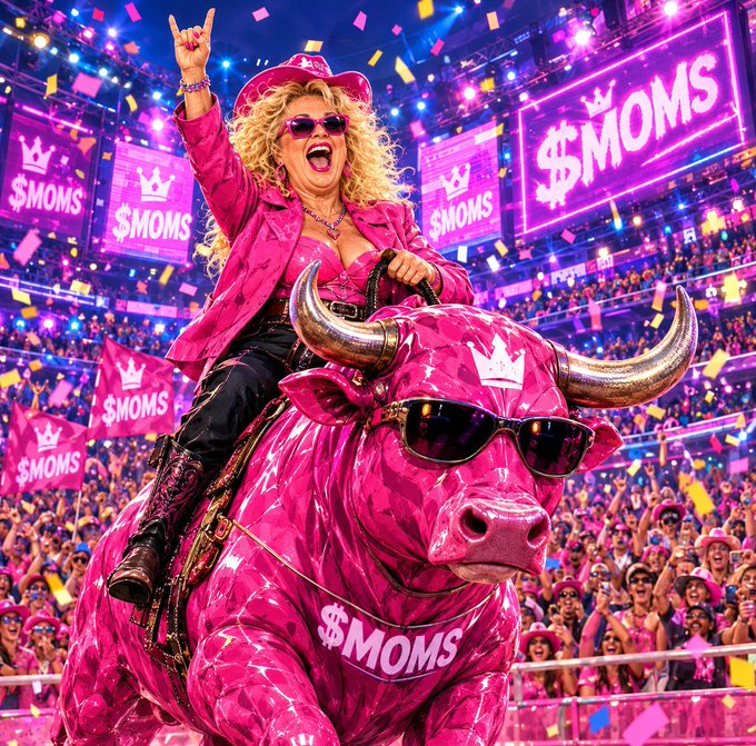 A vibrant, surreal digital artwork depicting a blonde woman in a pink jacket and cowboy hat riding a bright pink bull wearing sunglasses. Both the rider and bull are adorned with "$MOMS" branding, with the text displayed on signs and the bull's body, set against a stadium background with a cheering crowd.