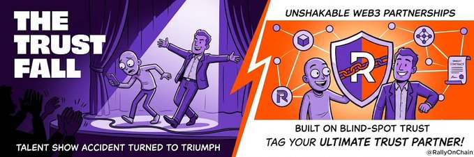 A two-panel cartoon illustration: the left side depicts 'THE TRUST FALL' talent show accident, while the right side shows 'UNSHAKABLE WEB3 PARTNERSHIPS BUILT ON BLIND-SPOT TRUST' with a cartoon businessman and shield logo.