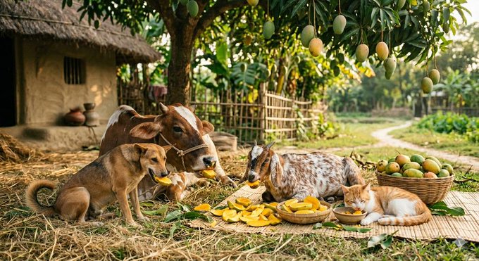 The image features a group of animals - two cows, one dog, and a cat - sitting together under trees with baskets full of fruit nearby. The caption reads "GN Frens We go again tomorrow! Now rest your body, recharge for @NomismaNetwork which project are you active?". This suggests that the animals might be taking a break from their daily activities to enjoy some fresh fruit provided by humans.