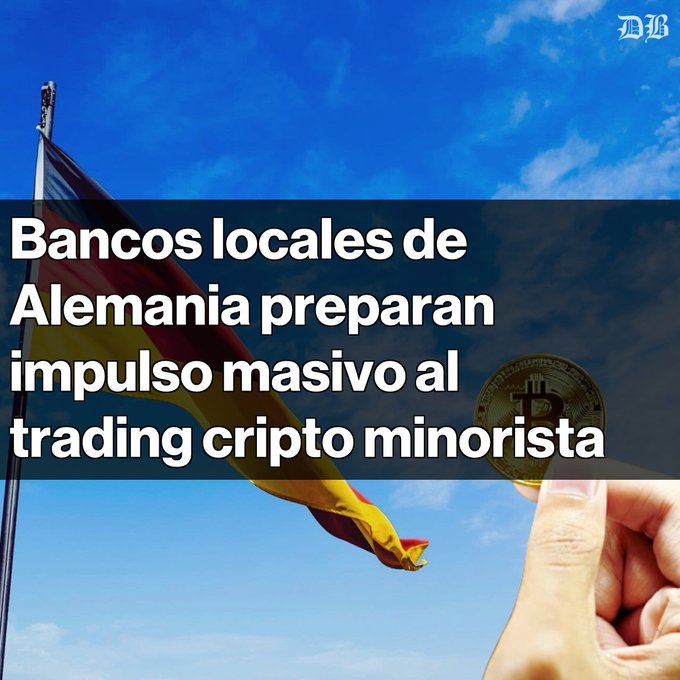 A news headline in Spanish reads 'Bancos locales de Alemania preparan impulso masivo al trading cripto minorista' over an image of a German flag and a hand holding a Bitcoin coin, branded with 'MB'.