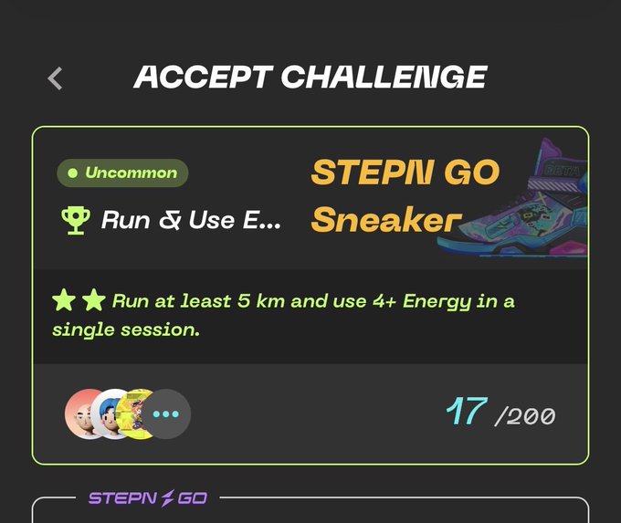 The image shows a screen with an acceptance challenge for a new pair of sneakers. The challenge requires users to run at least 5 km per session and use Energie in a single session, as indicated by the text "Run & Use E... Sneaker".