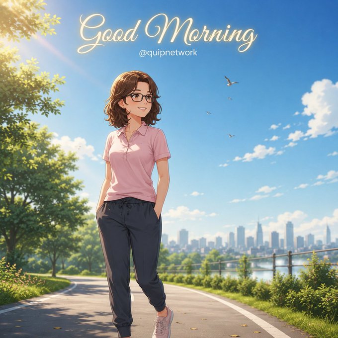An anime-style illustration of a woman with brown hair and glasses, wearing a pink polo shirt and dark pants, walking on a path with the text "Good Morning @quipnetwork" at the top, with a cityscape in the background.
