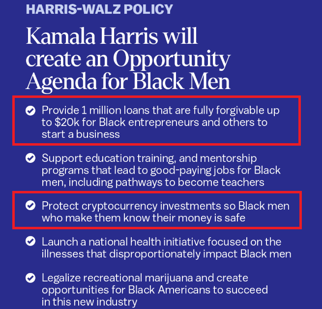 The image shows a blue campaign graphic titled "HARRIS-WALZ POLICY" announcing Kamala Harris's plan to "create an Opportunity Agenda for Black Men," with two bullet points highlighted in red boxes: providing 1 million fully forgivable loans up to $20,000 for Black entrepreneurs, and protecting cryptocurrency investments for Black men, alongside other bullet points on education, health initiatives, and marijuana legalization; the image relates to the accompanying post by sarcastically referencing Harris's stated policies, mocking the idea that her plan would have specifically safeguarded Black men's crypto holdings and funded their memecoin ventures with the $20,000 forgivable loans.