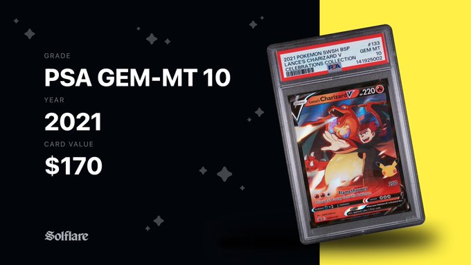 A promotional graphic for Solflare displaying a PSA GEM-MT 10 graded 2021 Pokémon Charizard V card with a value of $170, issued by Celebrated Collections (#132).