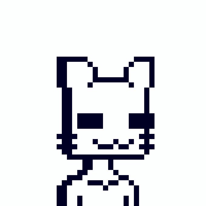 A simple pixel art illustration of a cat-like character with large square eyes, whiskers, and a small smile.