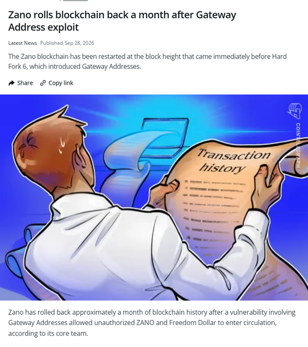 A news article titled 'Zano rolls blockchain back a month after Gateway Address exploit,' dated Sep 28, 2026, featuring an illustration of a sweating man holding a long 'Transaction history' scroll.