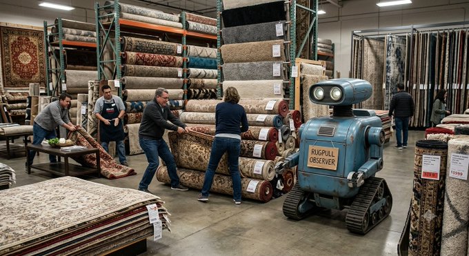 A retro-styled robot labeled "RUGPULL OBSERVER" roams through a sprawling rug warehouse, watching customers examine and handle stacked carpets—mirroring the post's joke about an LLM learning by observing others get "rugged" in crypto instead of suffering losses firsthand.