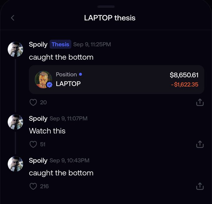 A screenshot of a social media post on the 'LAPTOP thesis' thread by user 'Spoily', showing a position of $8,650.61 with a loss of -$1,622.35.