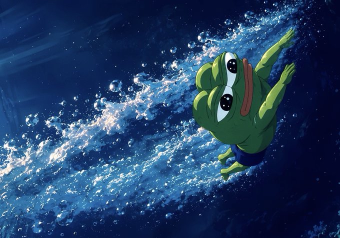 A digital illustration of Pepe the Frog character diving into blue water with bubbles and splashes, based on an anime-style art.