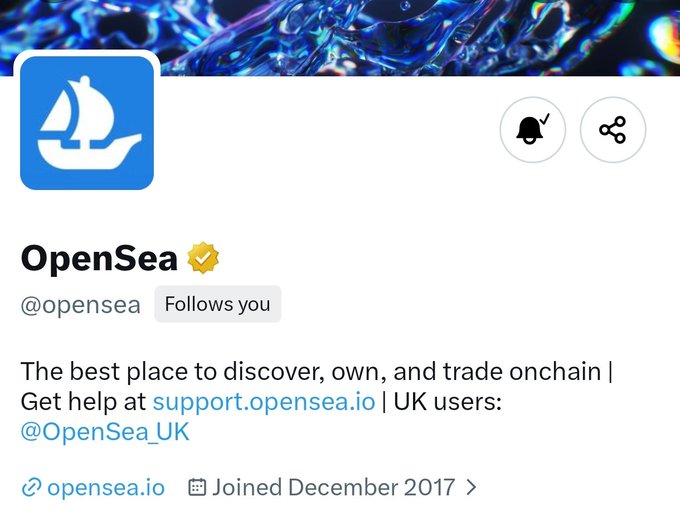 A Twitter profile page for OpenSea (@opensea), verified with a gold checkmark, displaying the bio: 'The best place to discover, own, and trade onchain' with a website link to opensea.io.