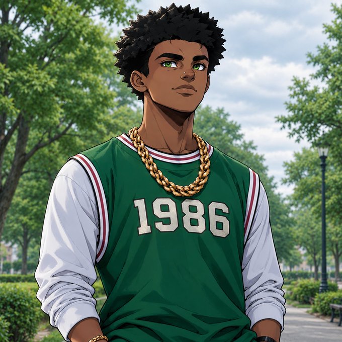 An anime-style illustration of a young man with dark curly hair and green eyes, wearing a green basketball jersey with the number "1986", a gold chain, and white long sleeves, set against a park background.