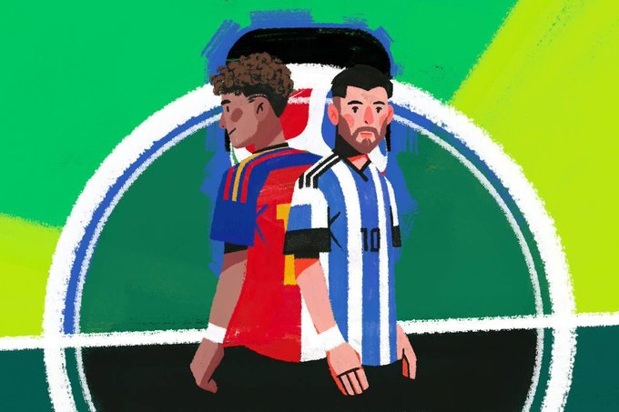A stylized illustration shows two soccer players back-to-back—one in Spain's red and yellow kit, the other in Argentina's blue and white striped jersey bearing the number 10—set against a green and yellow background with a circular frame, visually representing the Spain vs. Argentina matchup referenced in the post.