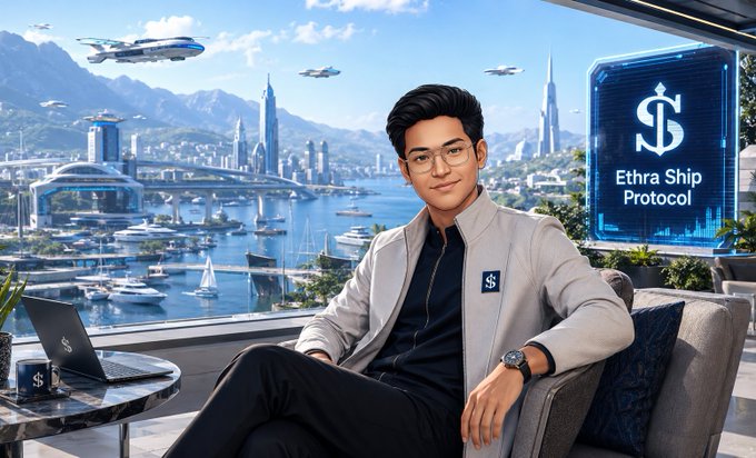 A confident young professional in branded "Ethra Ship Protocol" apparel sits in a futuristic lounge overlooking a sleek harbor city with flying vessels, visually reinforcing the post's framing of Ethra's shipping expertise as a proving ground for Sea Verity's larger ambitions.