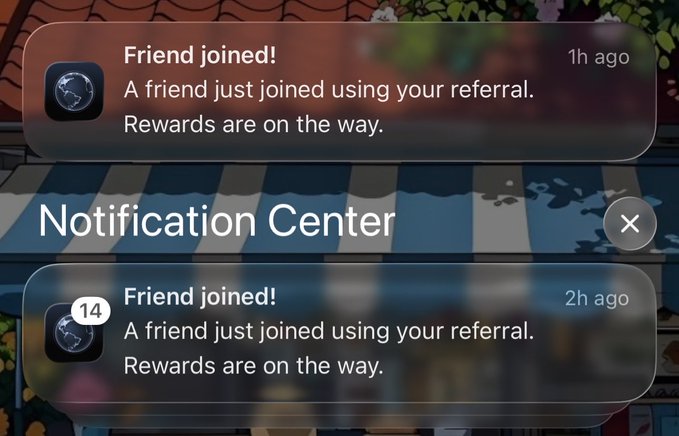 A "Notification Center" pop-up displays two "Friend joined!" alerts from 1h and 2h ago, each showing a small "14" badge and the message "A friend just joined using your referral. Rewards are on the way." The image relates to the post by visually confirming the author's claim of successfully growing their @EthenaPay referral network, with the notifications serving as proof that their invites are converting and accruing the rewards they're hoping to combine with cashback toward an iPhone 18.