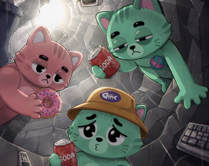 An illustration of three cute cartoon cats in pink and green colors, holding a pink frosted donut and red soda cans with 'SODA' written on them, in a stylized setting.