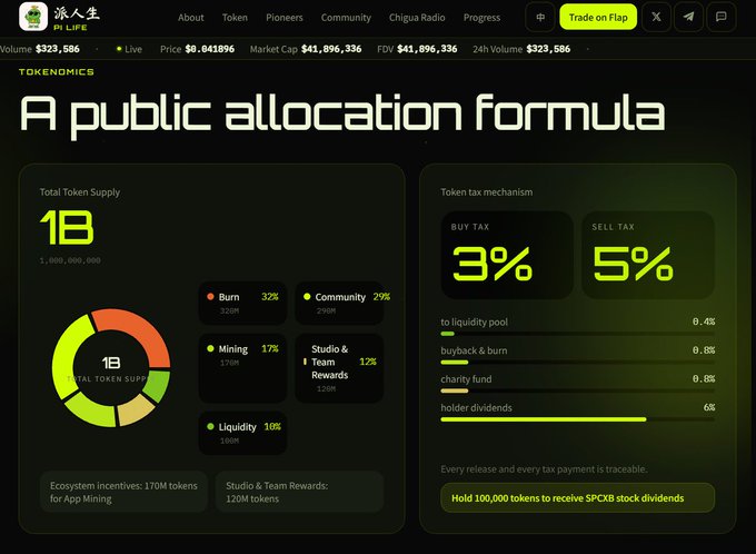 A screenshot of a cryptocurrency tokenomics webpage titled 'A public allocation formula' for 'PI LIFE', detailing a 1B supply, tax rates, and a pie chart breakdown.