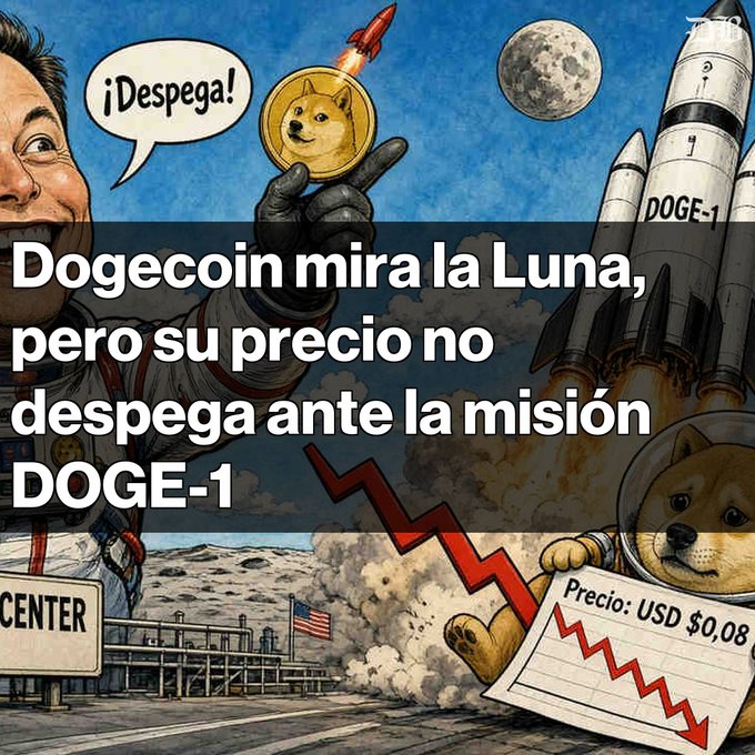 A Spanish-language meme illustration showing Elon Musk saying '¡Despega!' while launching a Dogecoin coin as a rocket past the Moon, with a DOGE-1 rocket in the background and a down-trending chart showing 'Precio: USD $0,08'; overlay text reads 'Dogecoin mira la Luna, pero su precio no despega ante la misión DOGE-1'.