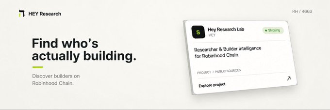 The image is a promotional banner for HEY Research featuring the tagline "Find who's actually building," with a preview card of "Hey Research Lab" showing its "Shipping" status and the project "Researcher & Builder Intelligence for Robinhood Chain." The card displays "RH / 4663" in the top right, corresponding to the post about $HEY building an intelligence layer that tracks builders, projects, and activity across the Robinhood Chain (RH) ecosystem.