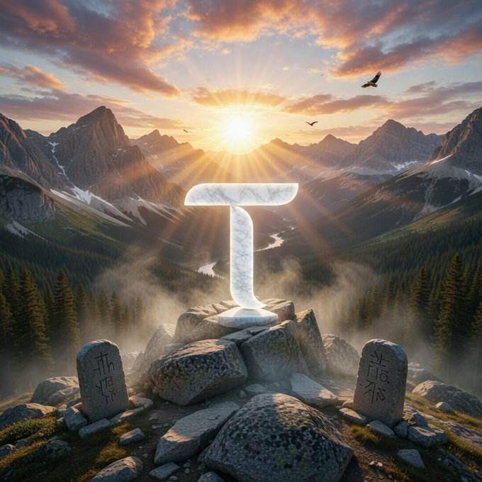 The image features a luminous marble "T" monument perched on a rocky mountain peak at sunrise, flanked by two rune-carved stone tablets. It visually represents the $TAO token and Bittensor ecosystem update, with the towering monument symbolizing the project's prominent standing and the sunrise evoking a new chapter—fitting the "end of Q2 and beginning of a new month" theme of the weekly recap.