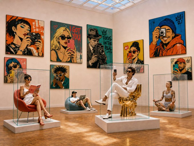 An art gallery scene with people in glass display cases taking selfies, surrounded by pop-art style paintings of people with cameras and phones.