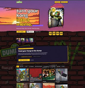 A chaotic meme-generator website called 'feelit' displays the prompt 'turn your kong into a meme' alongside a Daruma-style image of Donkey Kong in a trash can, set against a graffiti-covered brick wall.