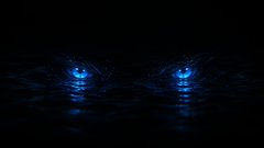 Two glowing blue eyes peer out from the darkness above a reflective surface, evoking a mysterious, watchful presence. The imagery visually reinforces the concept of "opensea agents" by suggesting unseen observers or entities operating within an open, fluid digital environment.