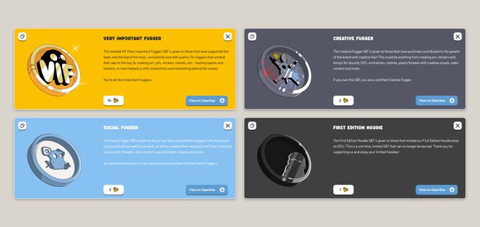 Four NFT SBT cards displayed in a grid: 'VERY IMPORTANT FUGGER' (VIP), 'CREATIVE FUGGER', 'SOCIAL FUGGER', and 'FIRST EDITION HOODIE' from what appears to be a Fugz official collection.