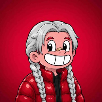 A cartoon illustration of a character with long braided white hair, a bandage across the nose, and a big toothy grin, wearing a red puffy jacket against a red background.