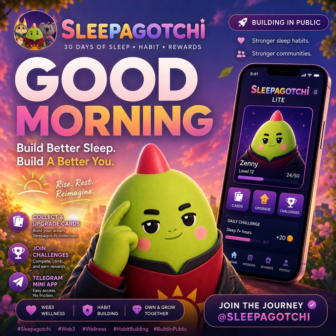 The image features an advertisement for a mobile app called "Good Morning" that promotes building better sleep habits. The app has been designed with a cute green character, likely a cartoon or a small animal, as its main visual element. This character is shown on a cell phone screen along with the app's logo and text. The post suggests that the app can help users build better sleep habits by providing reminders to wake up at a specific time each day, tracking their sleep patterns, and suggesting activities to promote relaxation before bedtime.