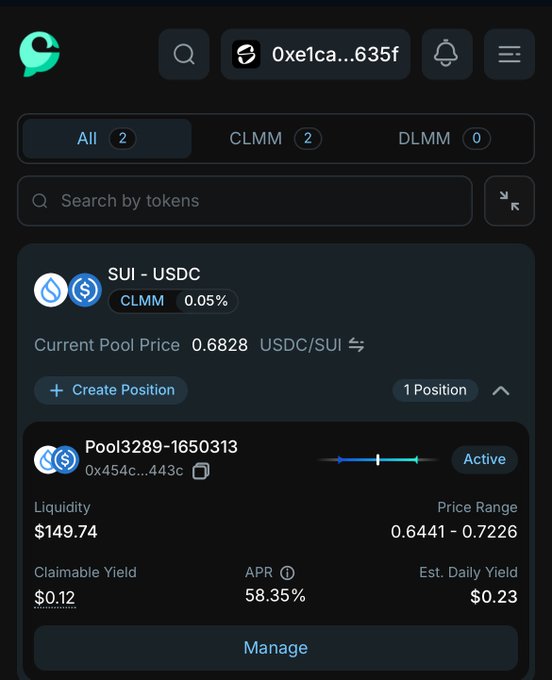 The image shows the Cetus Protocol interface displaying an active SUI-USDC concentrated liquidity position with $149.74 in liquidity within a price range of 0.6441–0.7226 USDC/SUI, earning 58.35% APR. This illustrates the post's point of concentrating $150 in liquidity around SUI's actual trading range of $0.67–$0.71 to maximize yield rather than spreading it thin across a wider range.