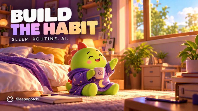An advertisement for the app 'Sleepagotchi' showing a cute green dinosaur mascot in pajamas holding a mug in a cozy bedroom, with the text 'BUILD THE HABIT' and 'SLEEP. ROUTINE. AI.'