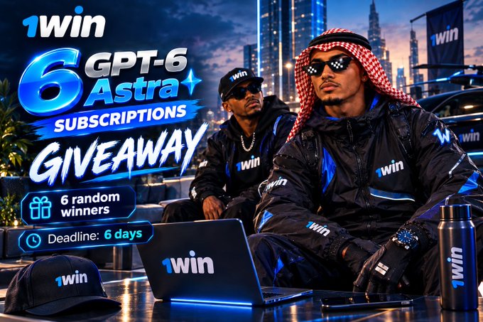 A promotional graphic for "1win" advertising a "6 GPT-6 Astra SUBSCRIPTIONS GIVEAWAY" with a deadline of "6 days" and "6 random winners", featuring two men in branded apparel.