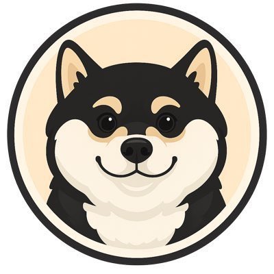A cartoon illustration of a smiling black and white Shiba Inu dog face inside a circular cream-colored badge.