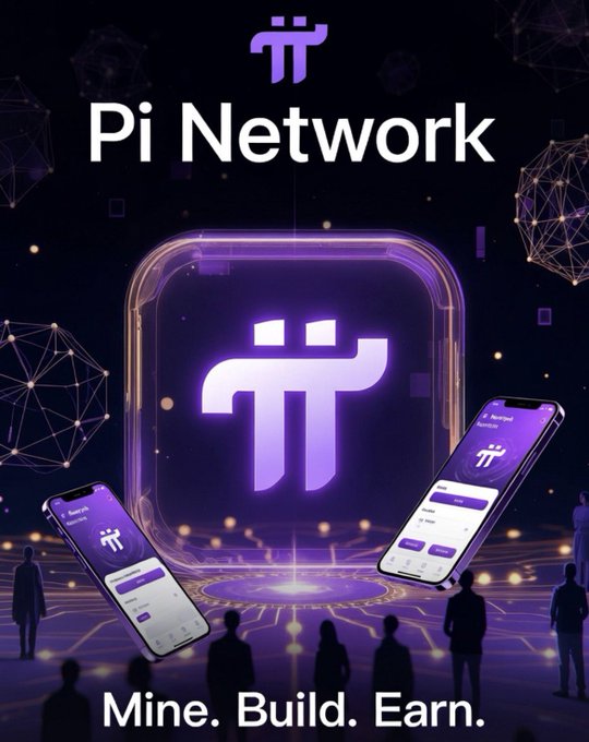 A promotional graphic for 'Pi Network' displays the text 'Pi Network' and 'Mine. Build. Earn.' alongside the purple Pi logo, app interfaces on smartphones, and silhouetted figures against a network-themed background.