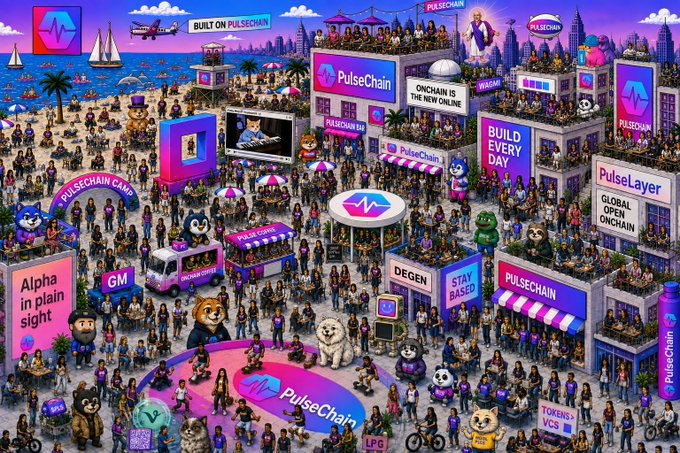 A vibrant, busy promotional illustration for PulseChain featuring various buildings, characters, and text including 'PulseChain', 'PulseLayer', 'ONCHAIN IS THE NEW ONLINE', 'BUILD EVERY DAY', 'STAY BASED', and 'GM'.